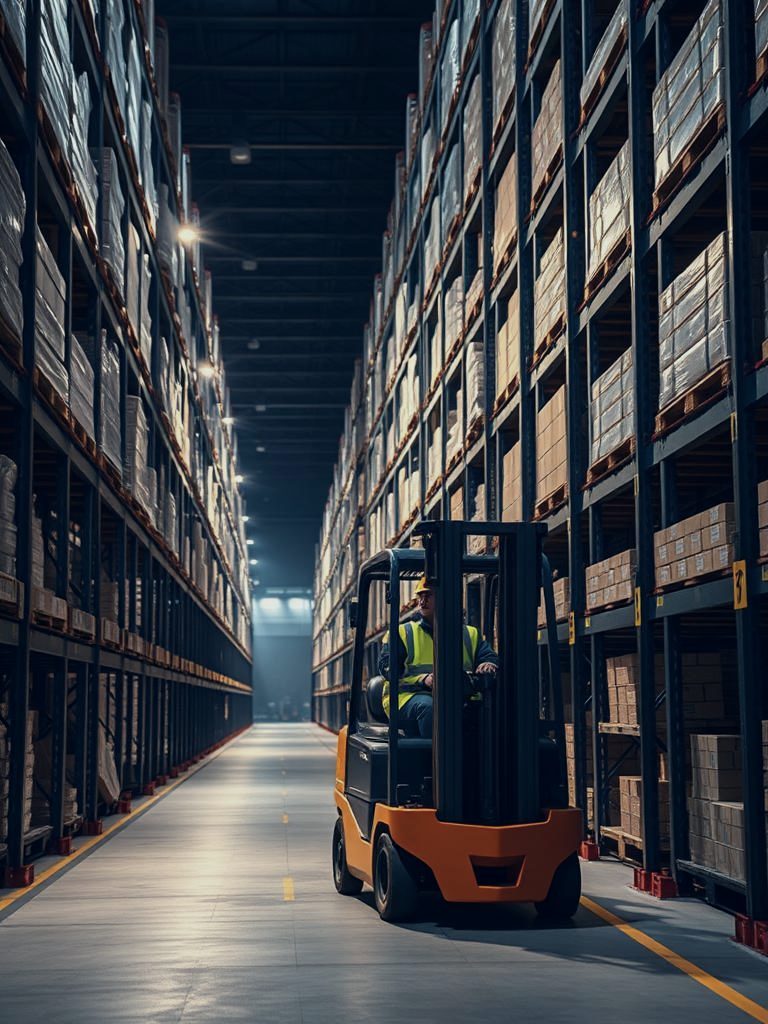 Distribution warehouse aisle with forklift